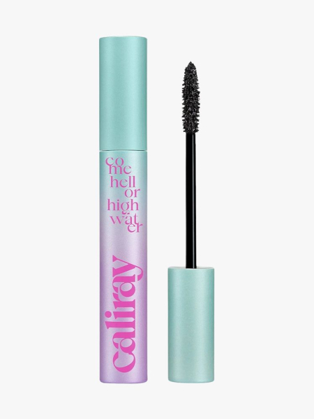 Caliray Come Hell or High Water Volumizing Tubing Mascara turquoise tube with black mascara wand on light grey background