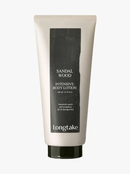 Longtake Sandalwood Intensive Perfume Body Lotion black and white tube on light gray background